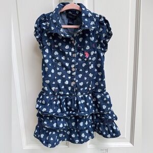 U.S. Polo Assn. Size 4 Girls Blue Heart Ruffle Denim Short Sleeve Collared Dress